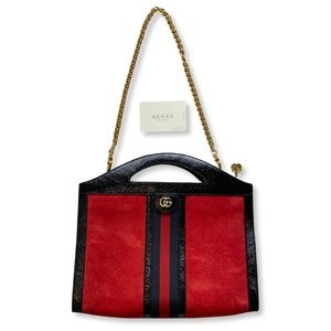 GUCCI Red Suede Patent GG Web Ophidia Chain Shoulder Bag With Leather Handbag